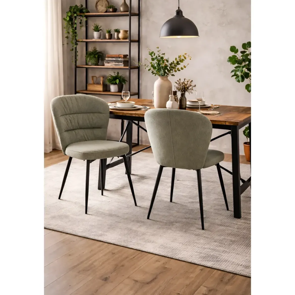Set 2 Sedie da Pranzo in Tessuto Verde Metallo Nero Seduta Imbottita