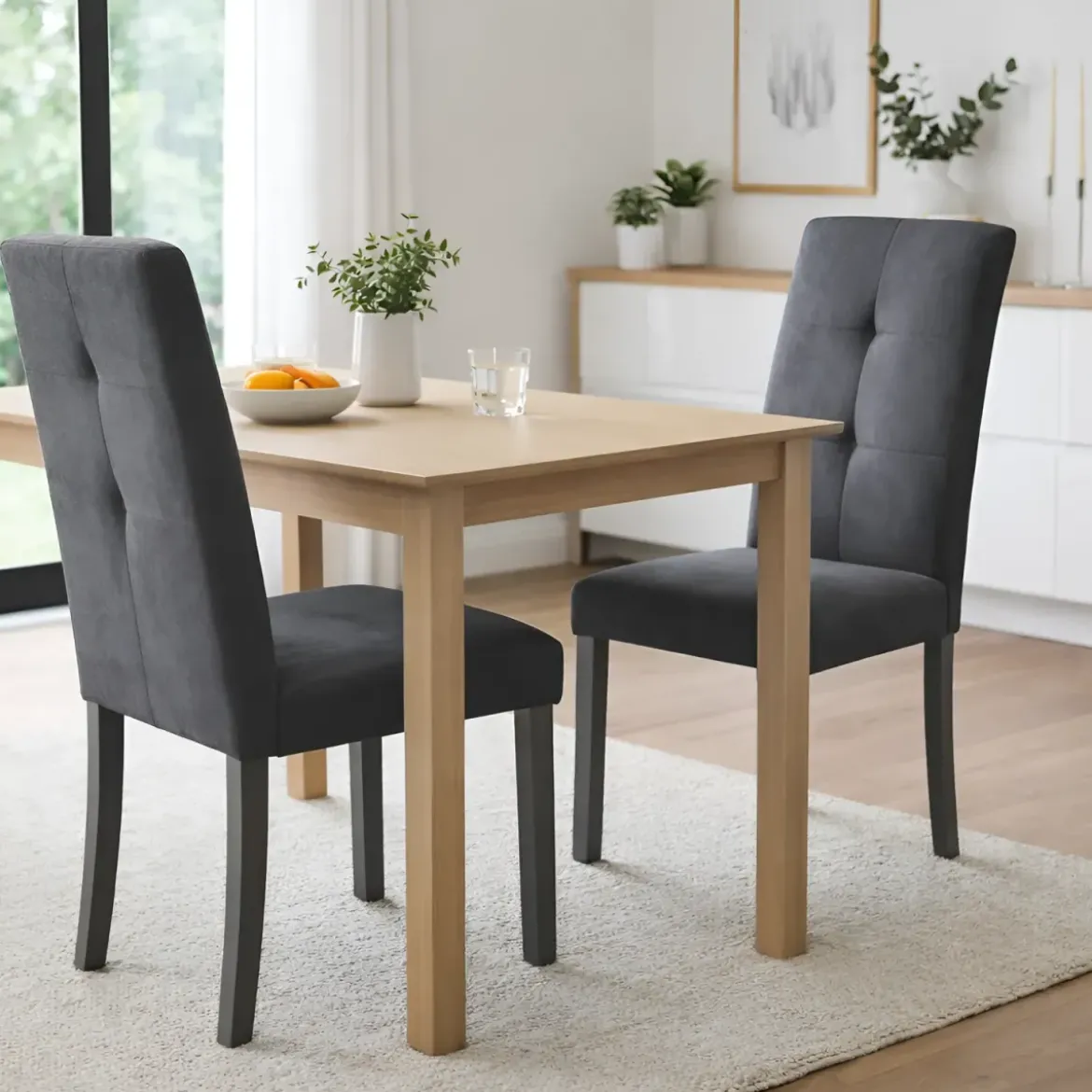 Set 2 Sedie Imbottite in Legno Grigio con Seduta in Tessuto Grigio