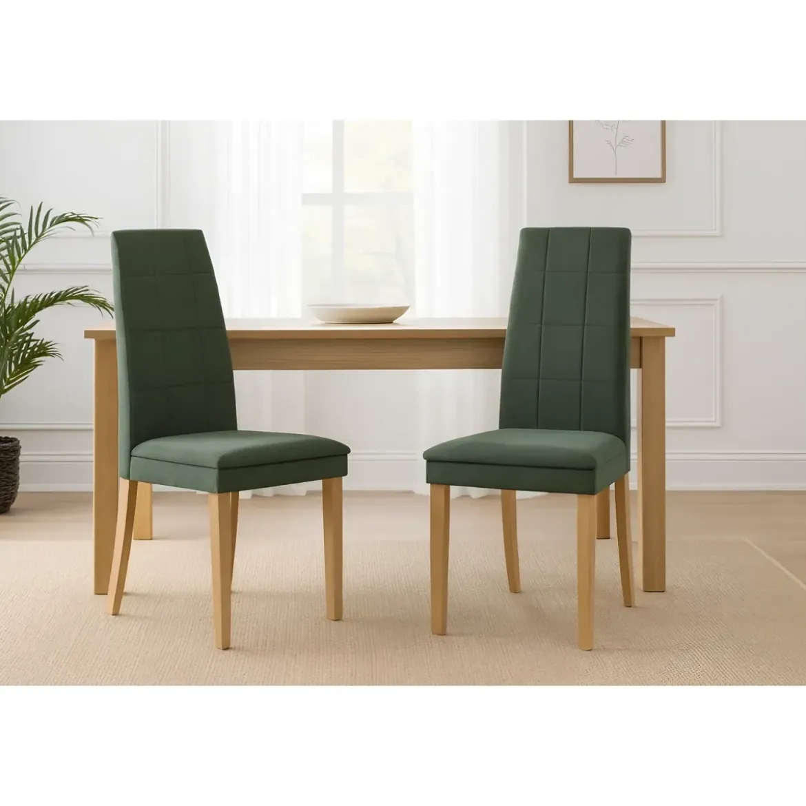 Set 2 Sedie Seduta in Tessuto Verde Gambe Legno Rovere 46x47x100,5 cm