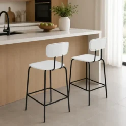 Set 2 Sgabelli da Bar per Cucina Penisola Ecopelle Bianco con Schienale