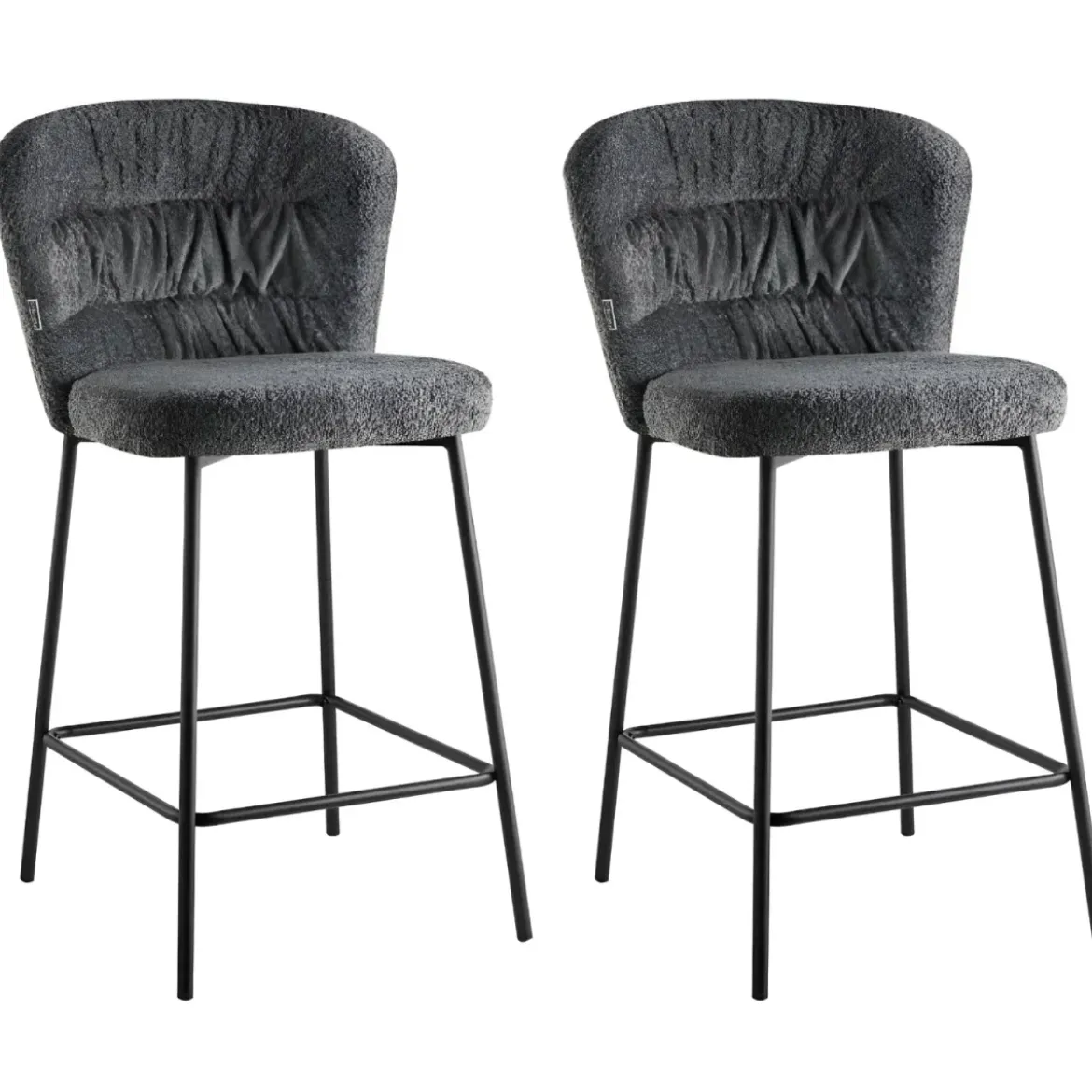Set 2 Sgabelli da Interno Imbottiti in Tessuto Teddy Grigio Gambe Nere
