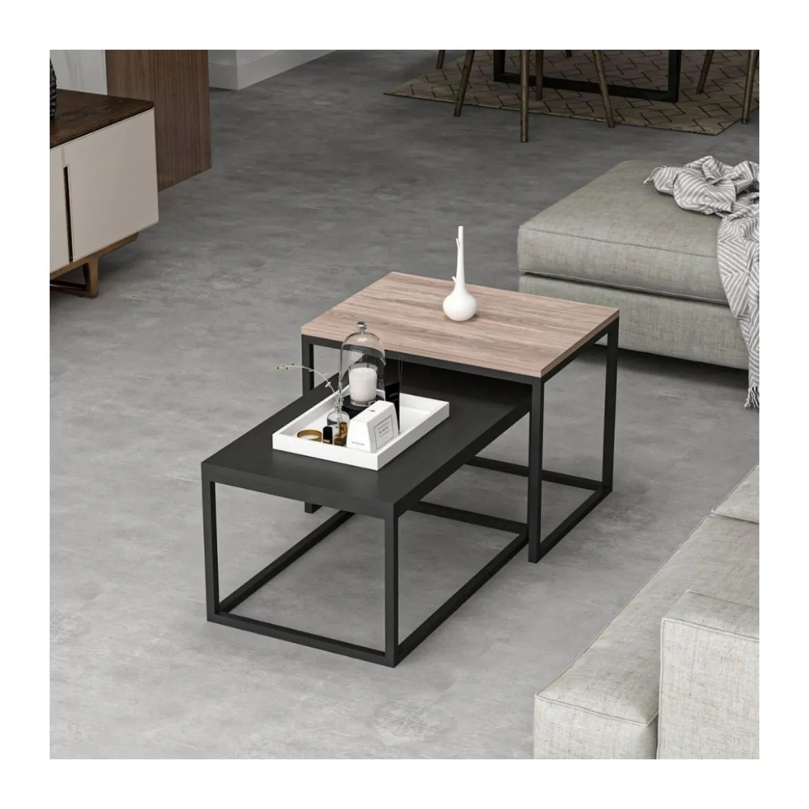 Set Tavolini da Salotto Nero e Noce con Struttura in Metallo