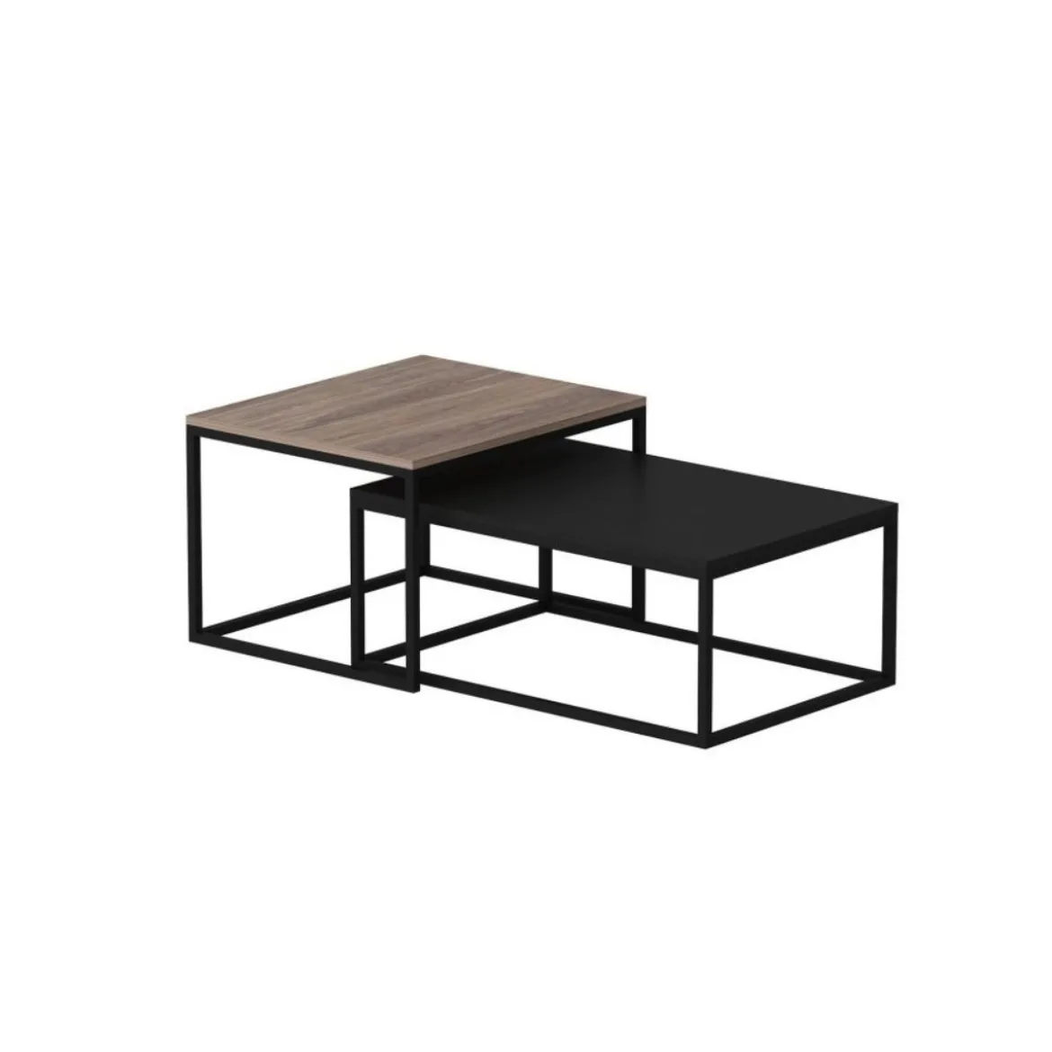 Set Tavolini da Salotto Nero e Noce con Struttura in Metallo