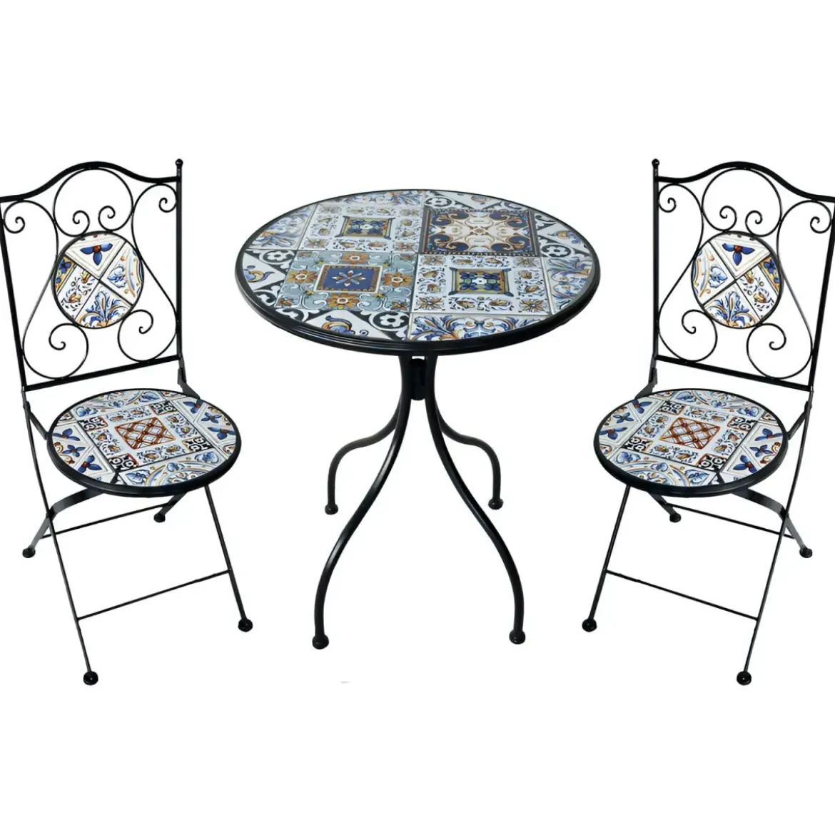 Set Tavolo Ø 60 cm con 2 Sedie Pieghevoli da Giardino Mosaico Blu