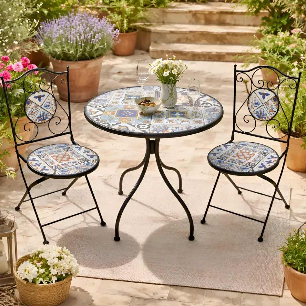 Set Tavolo Ø 60 cm con 2 Sedie Pieghevoli da Giardino Mosaico Blu