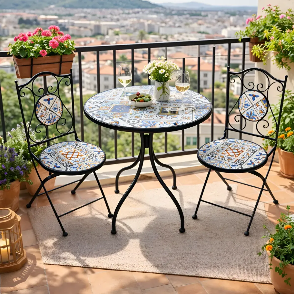 Set Tavolo Ø 60 cm con 2 Sedie Pieghevoli da Giardino Mosaico Blu