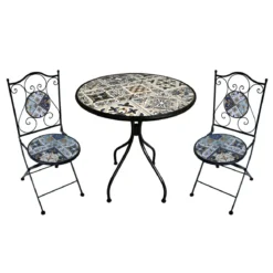Set Tavolo Ø 60 cm con 2 Sedie Pieghevoli da Giardino Beige Azzurro