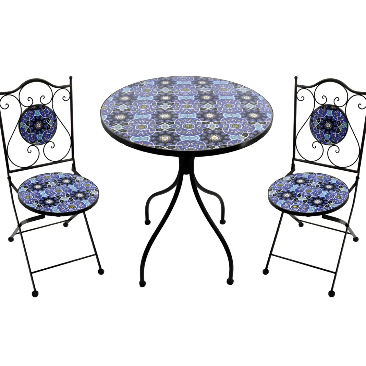 Set Tavolo Ø 60 cm 2 Sedie Pieghevoli Ceramica da Esterno Azzurro Blu