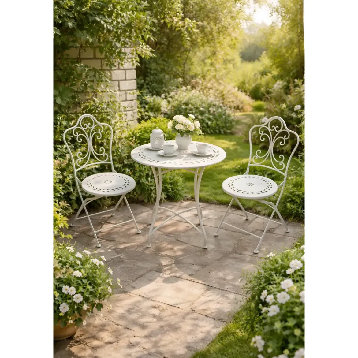 Set Tavolo da Giardino Ø 60 cm con 2 Sedie Pieghevoli Ceramica Bianco