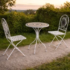 Set Tavolo 60x72 cm 2 Sedie Metallo Bianco Antico Mosaico da Esterno