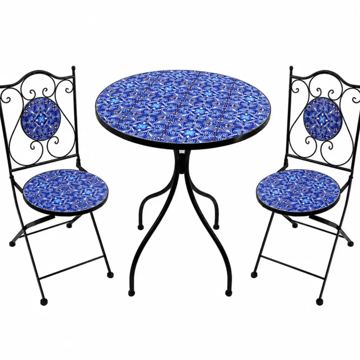 Set Tavolo 60x60 2 Sedie Pieghevoli da Esterno Ceramica Fantasia Blu