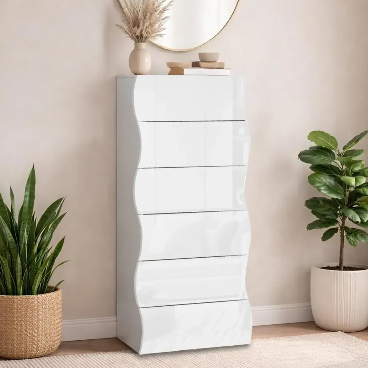 Settimino con 6 Cassetti Onda in Legno Bianco Lucido Camera Ingresso