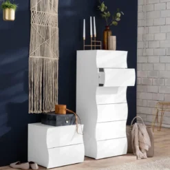 Settimino con 6 Cassetti Onda in Legno Bianco Lucido Camera Ingresso