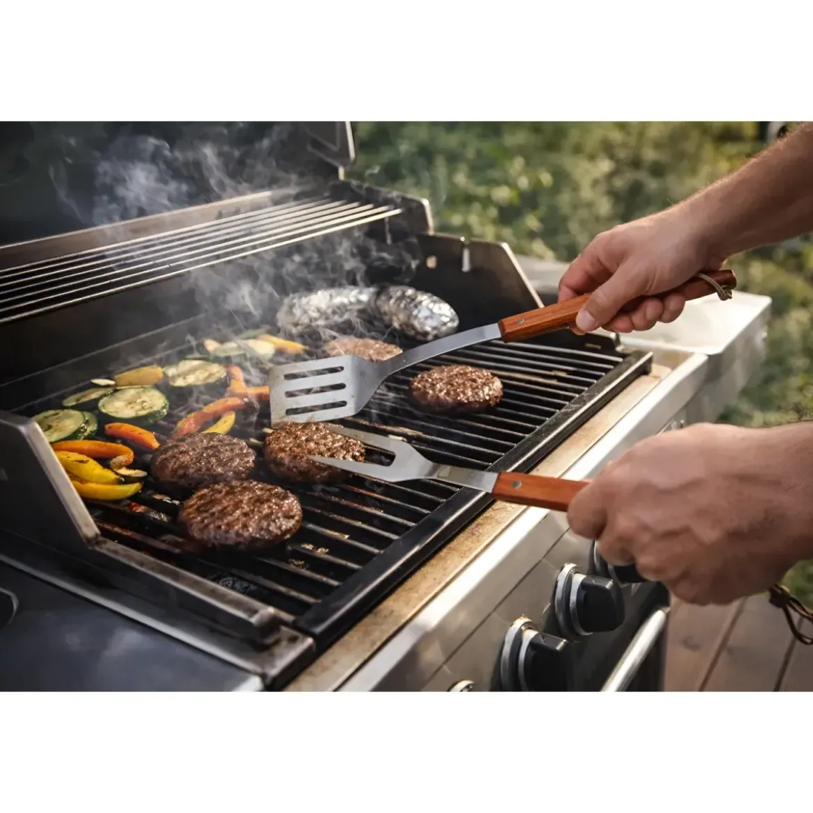 Set 3 Utensili Barbecue Pinza Paletta Forchetta Acciaio Inox Legno
