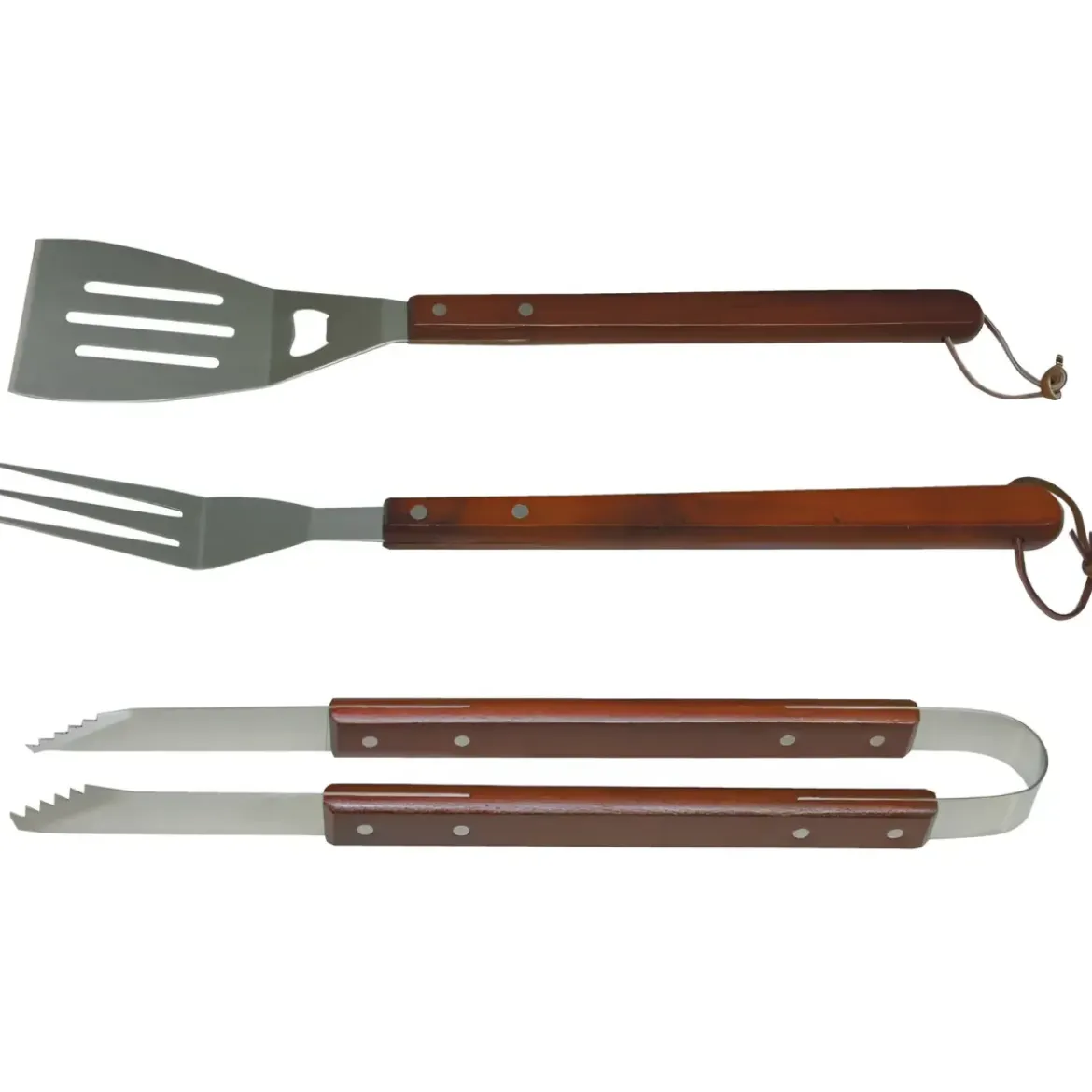 Set 3 Utensili Barbecue Pinza Paletta Forchetta Acciaio Inox Legno