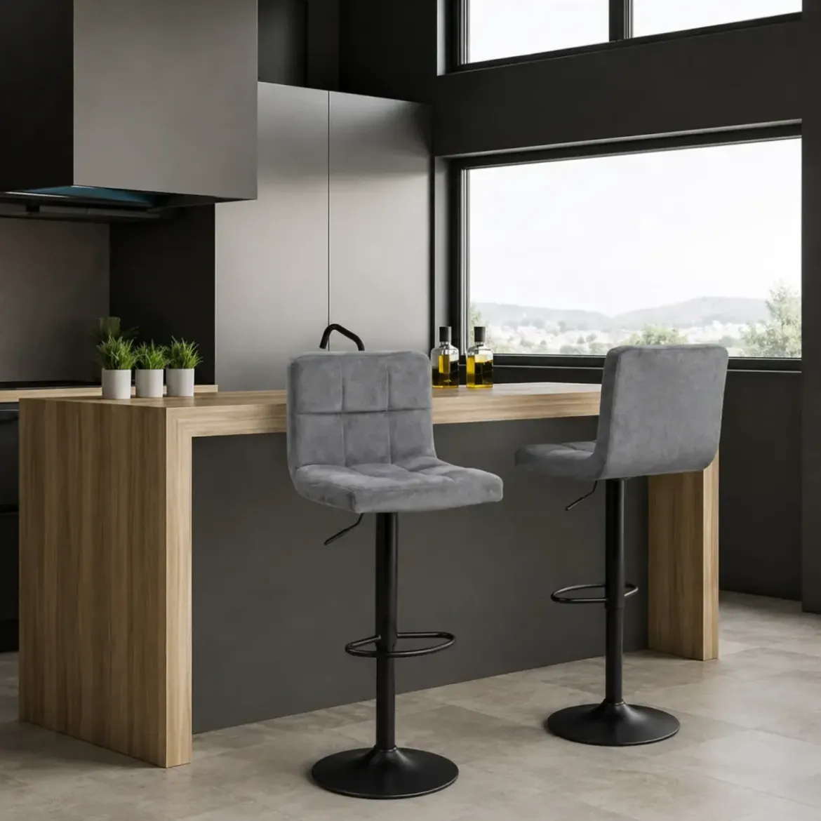 Sgabelli Regolabili in Tessuto Grigio Set 2 Pezzi per Cucina Penisola
