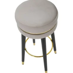 Sgabello Bar in Velluto Grigio Finitura Oro con Poggiapiedi Moderno