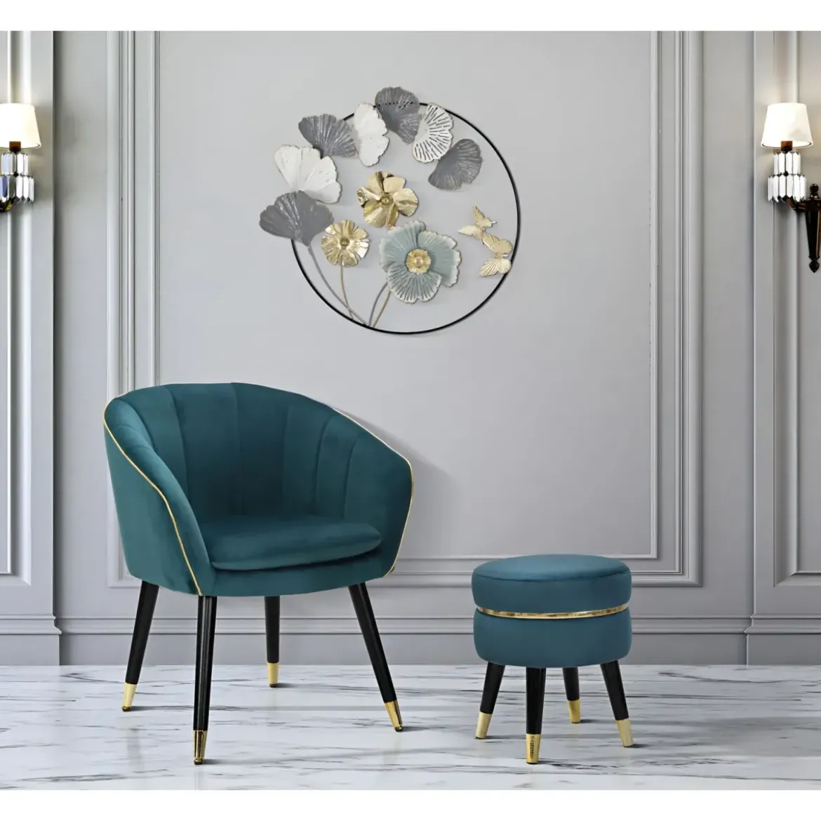 Sgabello Basso in Velluto Ottanio Finiture Oro Pouf Salotto Camera