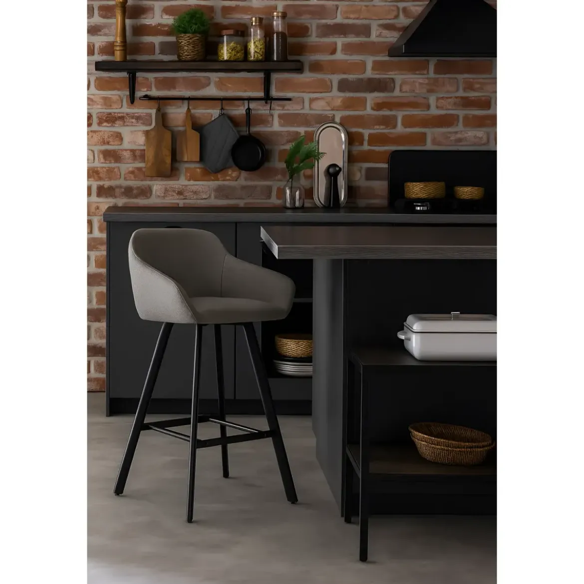 Sgabello Imbottito in Tessuto Grigio Cenere con Gambe in Metallo Nero