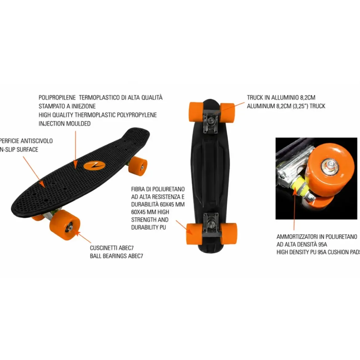 Skateboard 57x15 Nero con Cuscinetti ABEC7 in Polipropilene