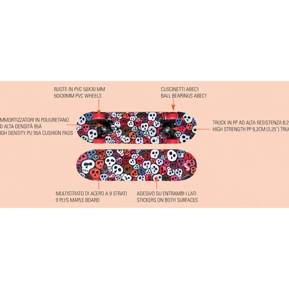 Skateboard 60x15 Scheletri Multistrato Acero 9 Strati Ruote Rosse PVC