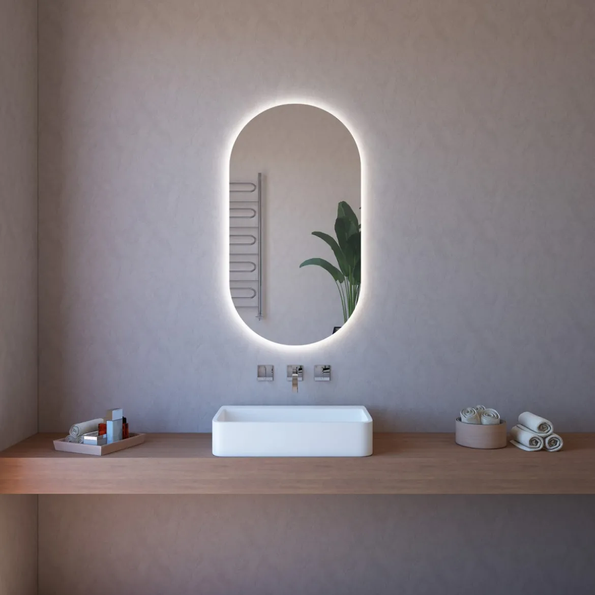 Specchio con Illuminazione a Led 63x110 cm per Bagno Ovale Reversibile