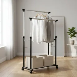 Stand Appendiabiti Doppio in Metallo Verniciato Nero 85x44x90/160 cm