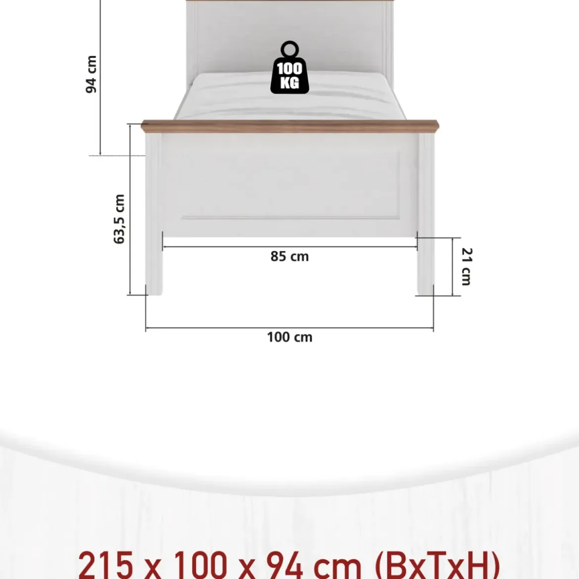 Struttura Letto Singolo 90x200 cm in Pino Massello Bianco Rovere