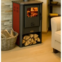 Stufa a Legna 7,2 kW Ghisa Acciaio Rosso con Vano Portalegna