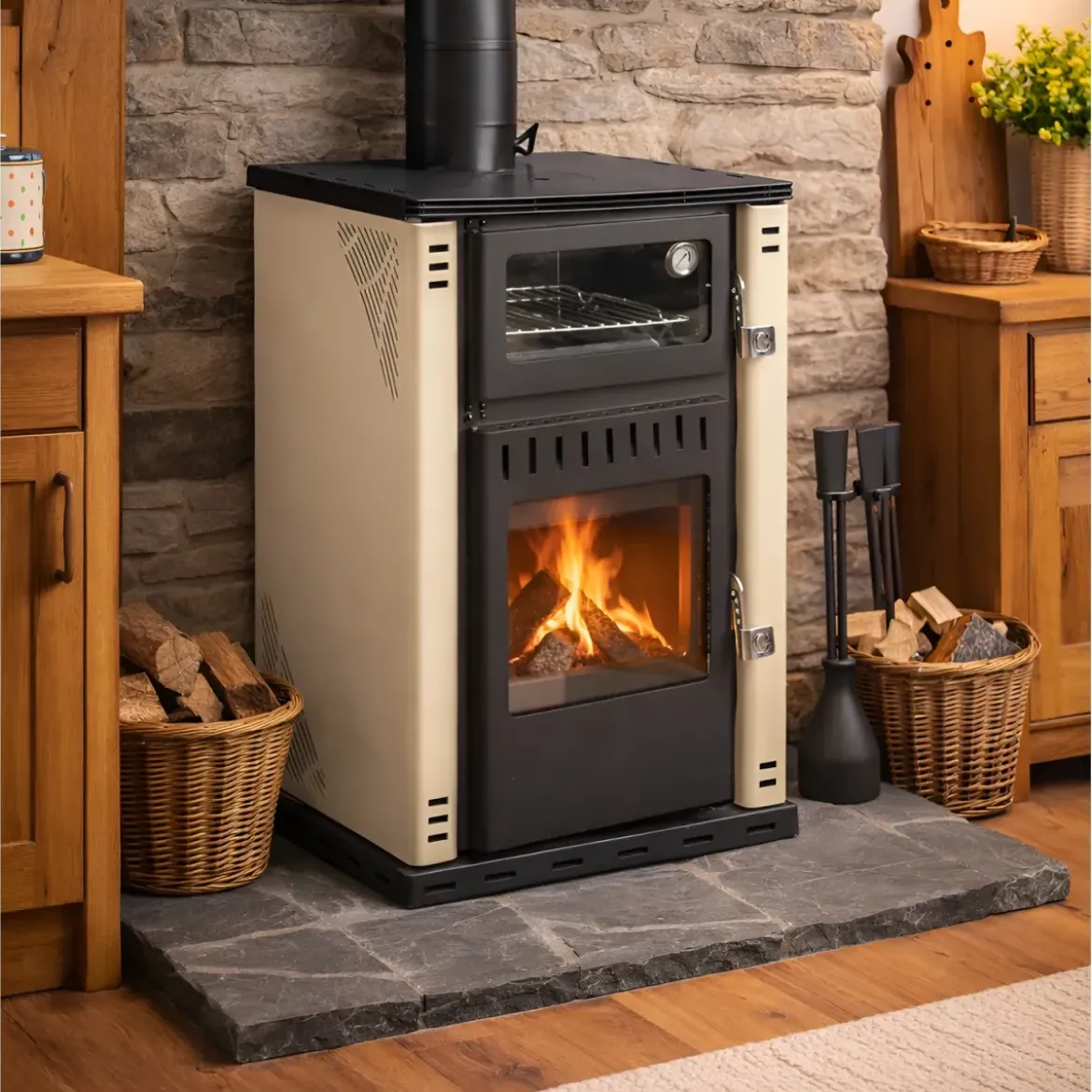 Stufa a Legna 27,6 kW in Acciaio Beige con Forno Termostufa Boiler 38L