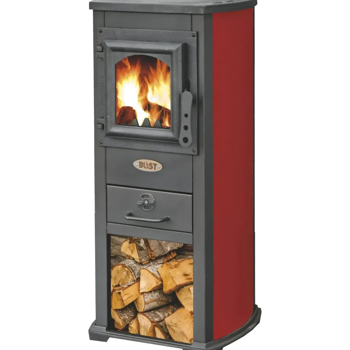 Stufa a Legna 5kW Rosso Compatta Piastra Ghisa Vano Legna da Interno