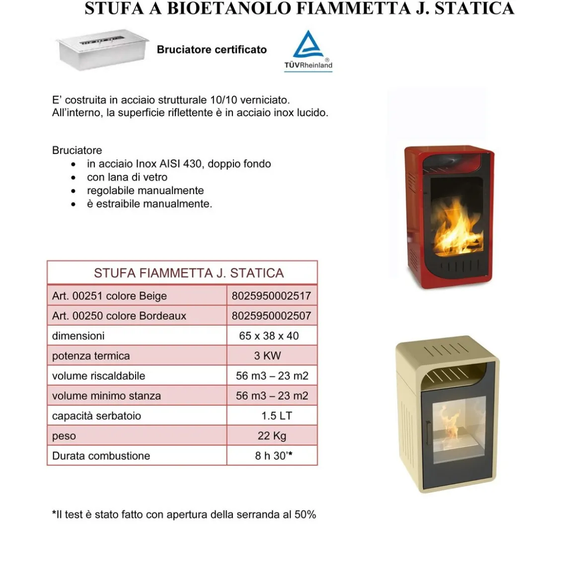 Stufa Bioetanolo Fiammetta Statica Junior Rossa Camino 3kw 25m2 - Capienza 1.5lt