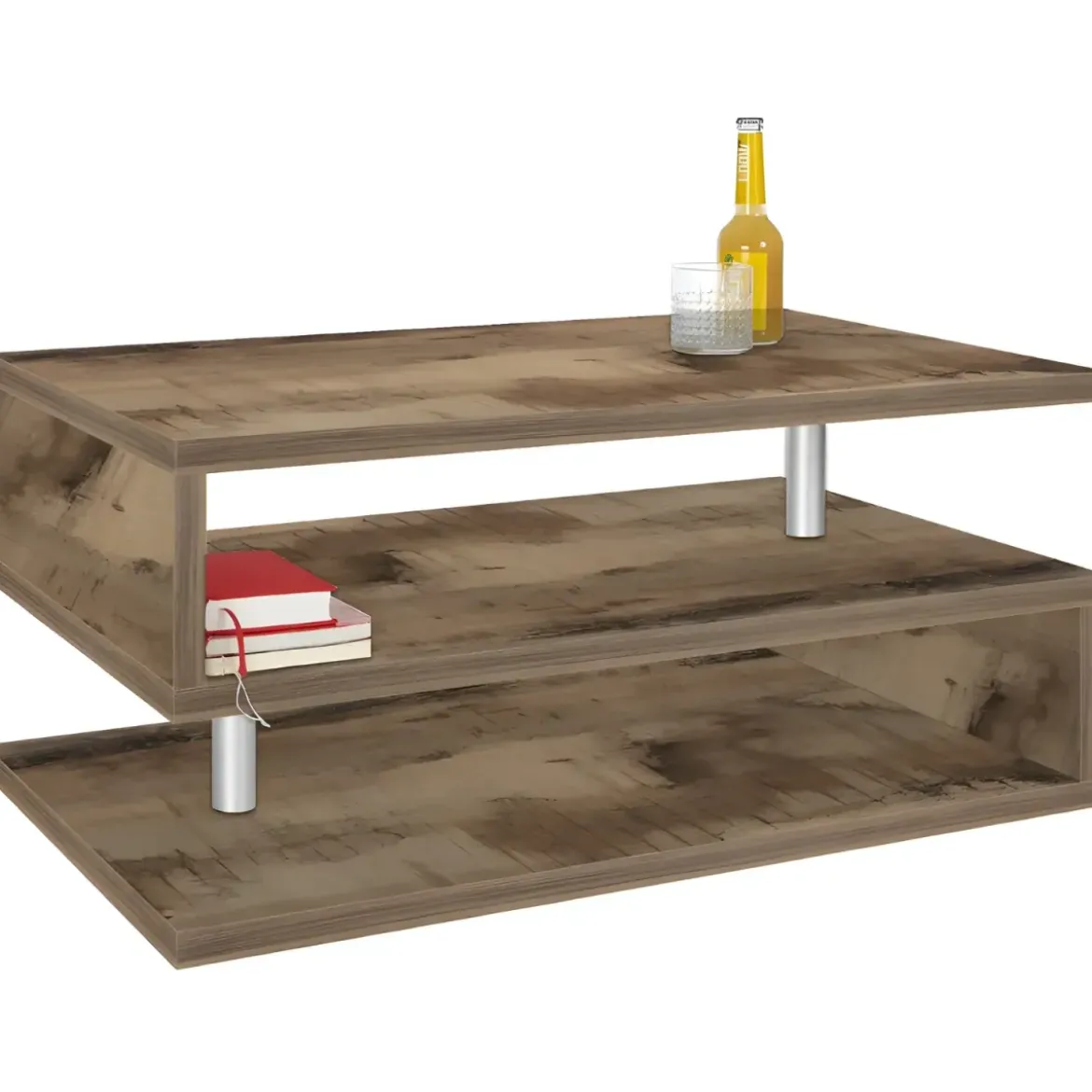 Tavolino da Caffè 90 cm in Legno Acero 2 Ripiani da Soggiorno Moderno