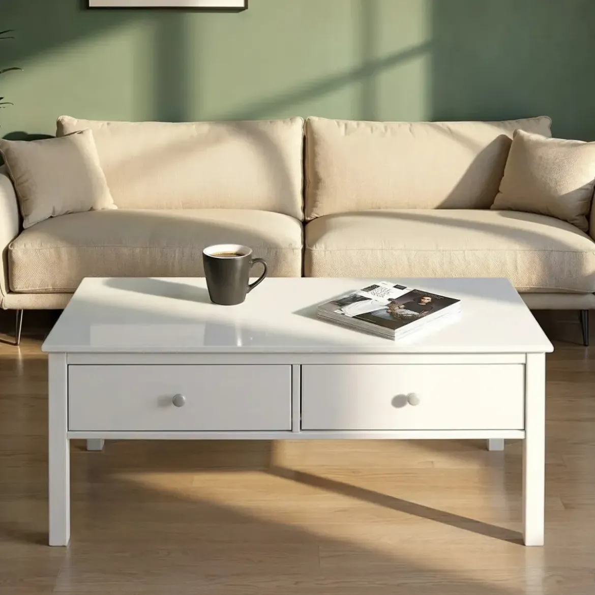 Tavolino da Caffè Rettangolare 110x70 da Salotto Legno Bianco Cassetto
