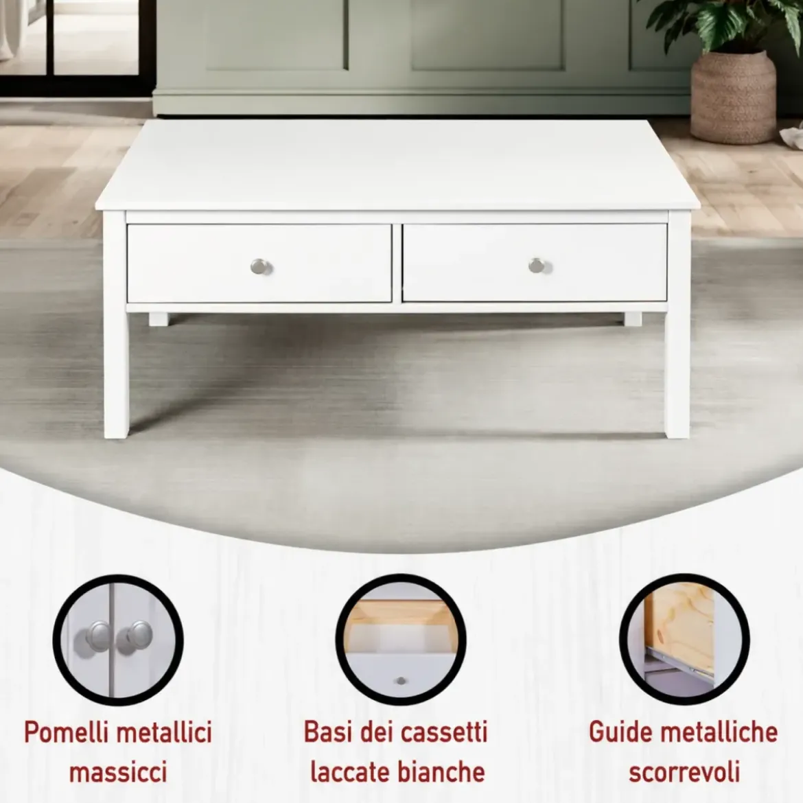 Tavolino da Caffè Rettangolare 110x70 da Salotto Legno Bianco Cassetto