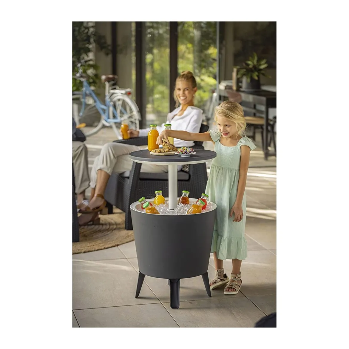 Tavolino in Resina da Cocktail 50x50 Grigio Portaghiaccio Esterno Tondo Piscina