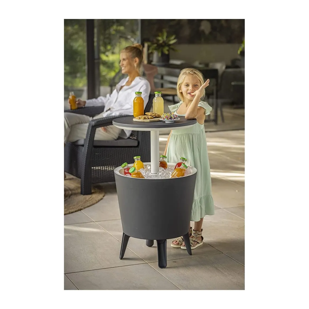 Tavolino in Resina da Cocktail 50x50 Grigio Portaghiaccio Esterno Tondo Piscina