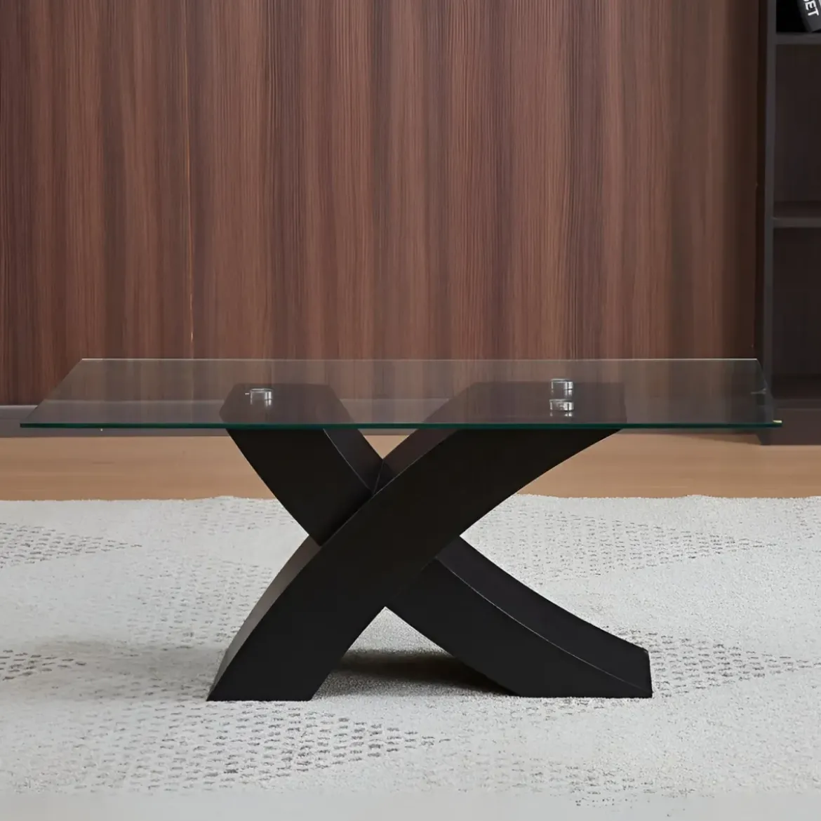 Tavolino in Vetro Temperato 110x60x45 cm Struttura Incrociata Nera