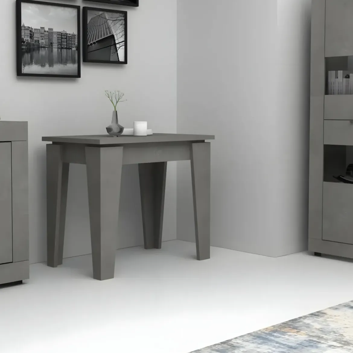 Tavolo Allungabile Salvaspazio da Salotto Cemento Console 90x50 con 5 Prolunghe