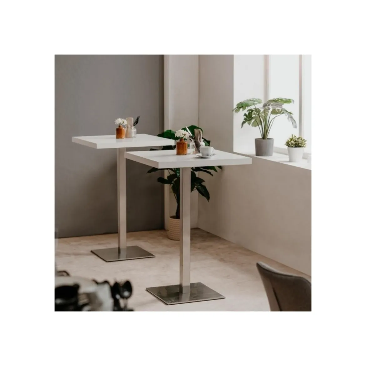 Tavolo Alto Quadrato in Legno da Bar per Sgabelli 70x70 Bianco Cromato Cucina