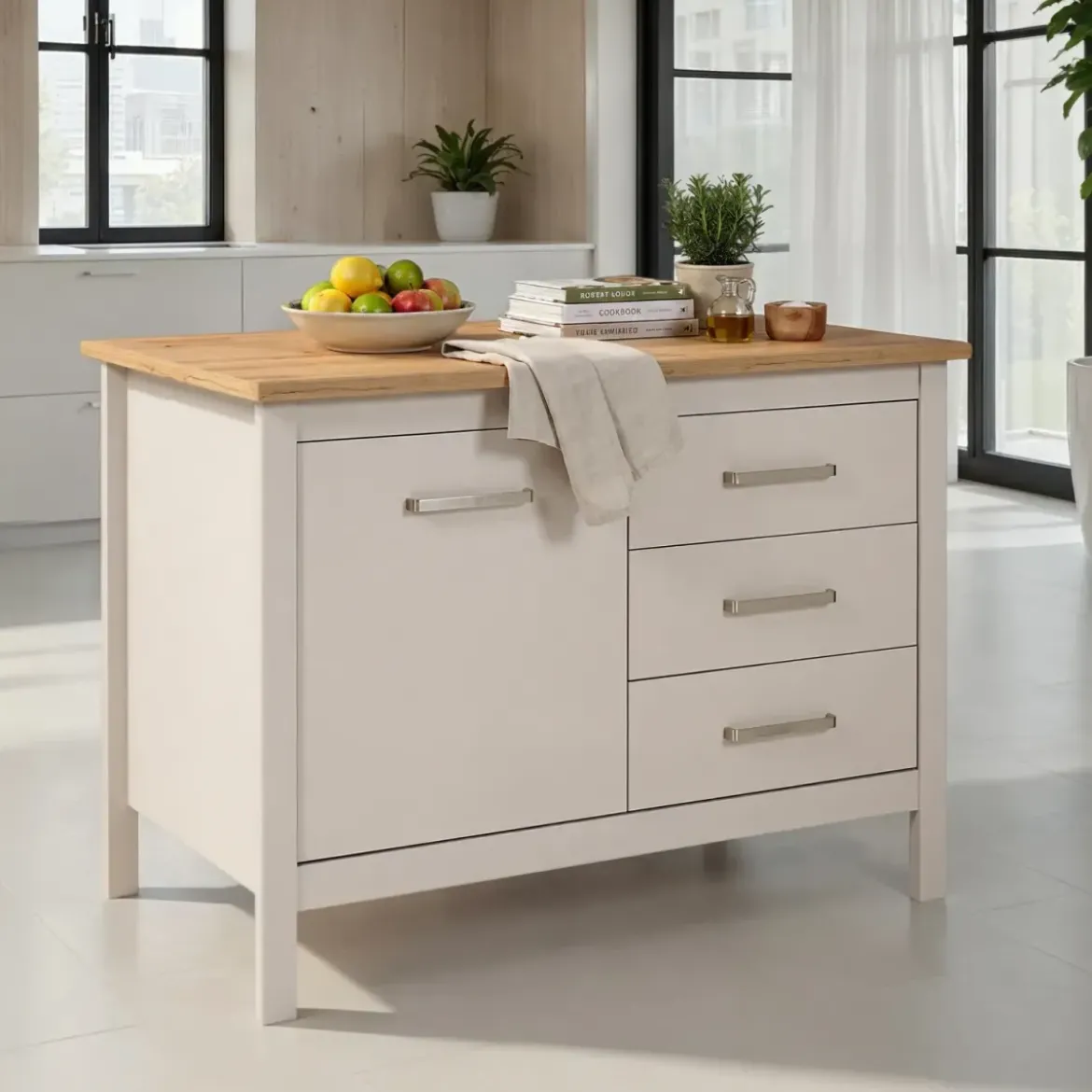 Tavolo Bar da Cucina Beige Rovere Isola con Anta Cassetti Soft-Close