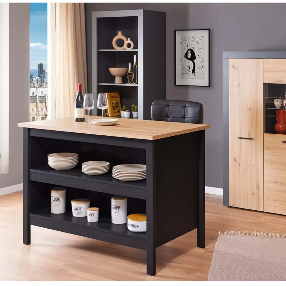 Tavolo da Cucina Mobile Alto con Ripiani Penisola in Legno Nero e Quercia