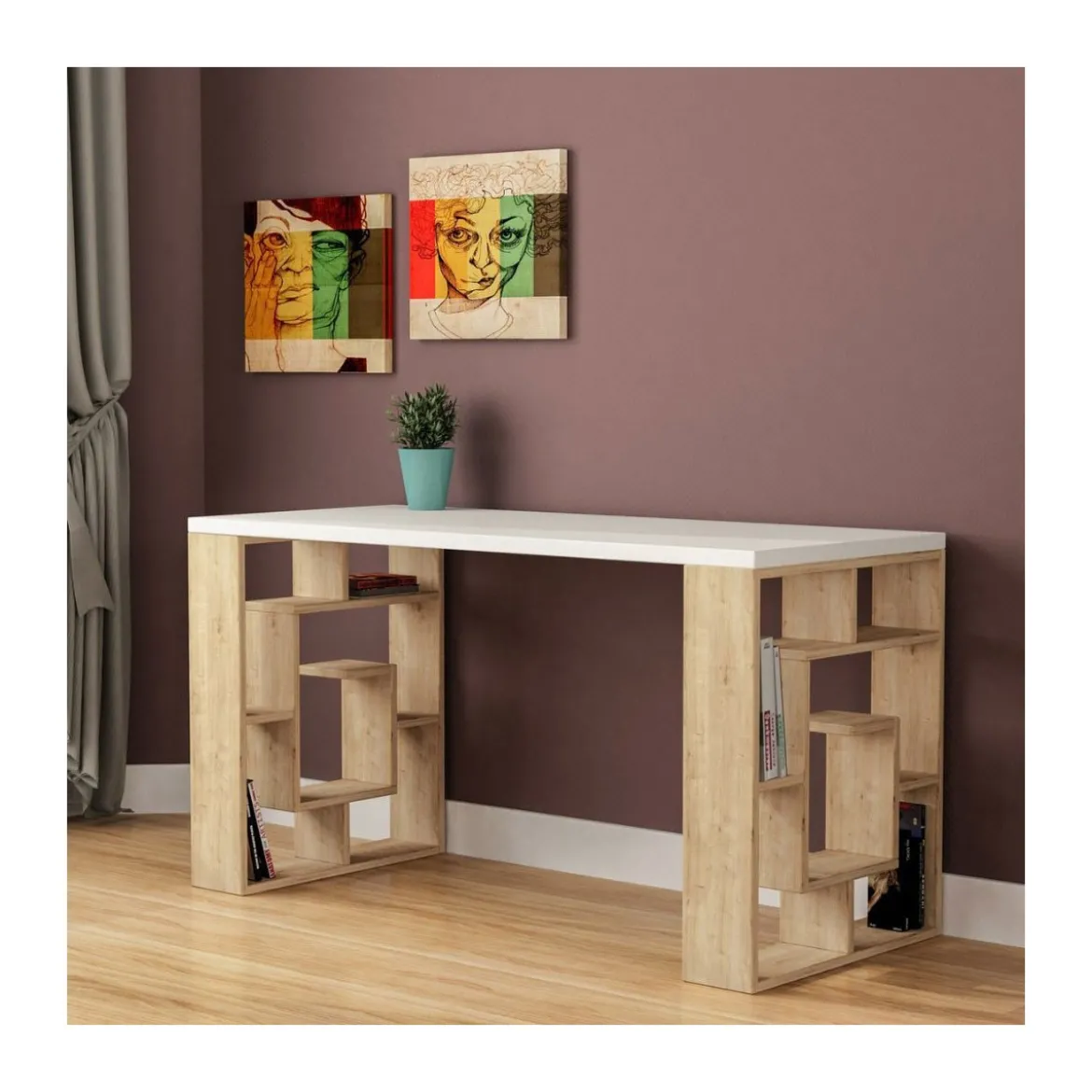 Tavolo Scrivania 140 con Libreria Rovere Bianco in Legno per Ufficio