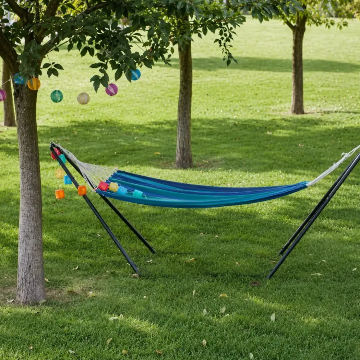 Telo Amaca con Asse in Legno 80x200 cm da Esterno Cotone Blu Verde