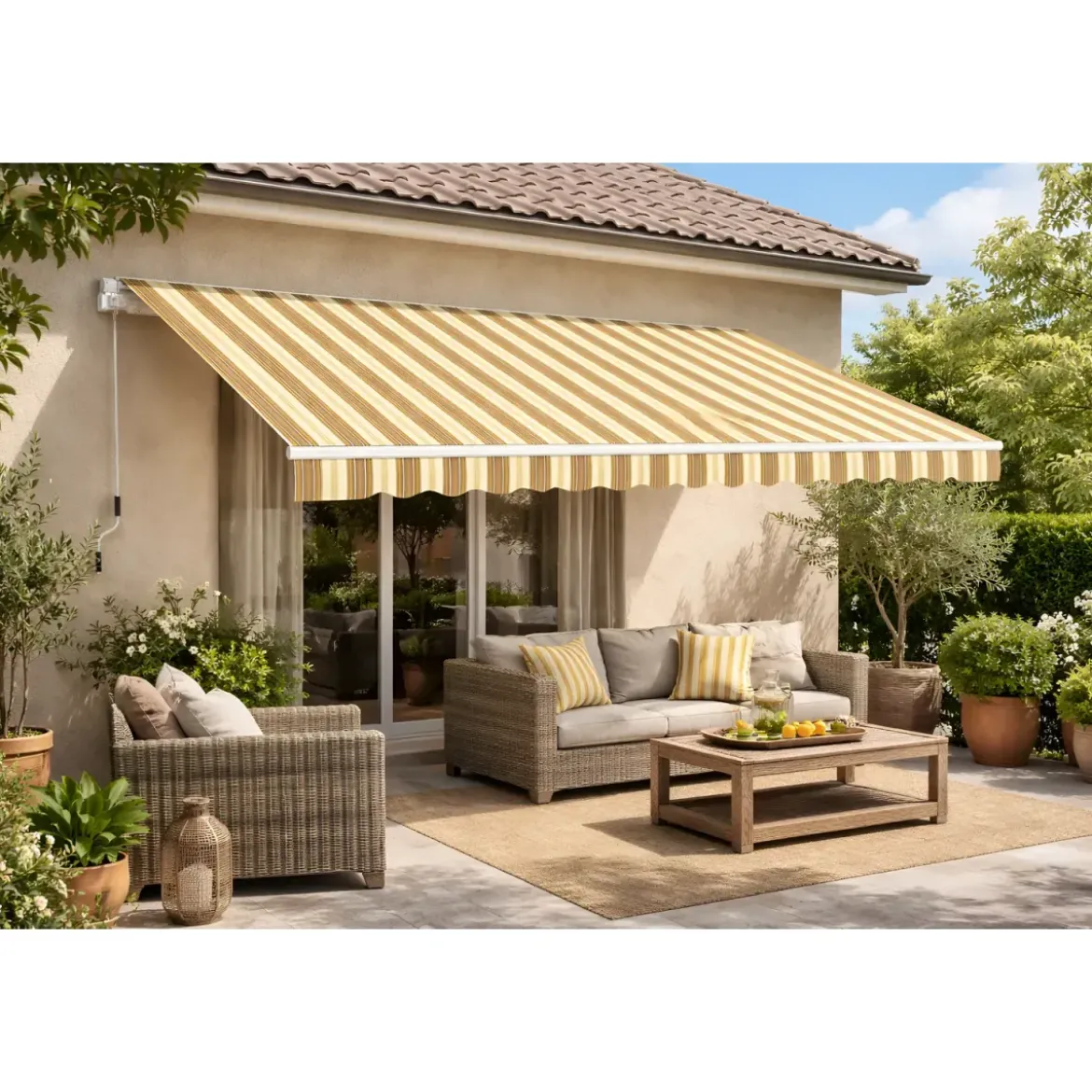 Tenda da Sole 200x150 Rigato Beige a Barra Quadra Avvolgibile Esterno