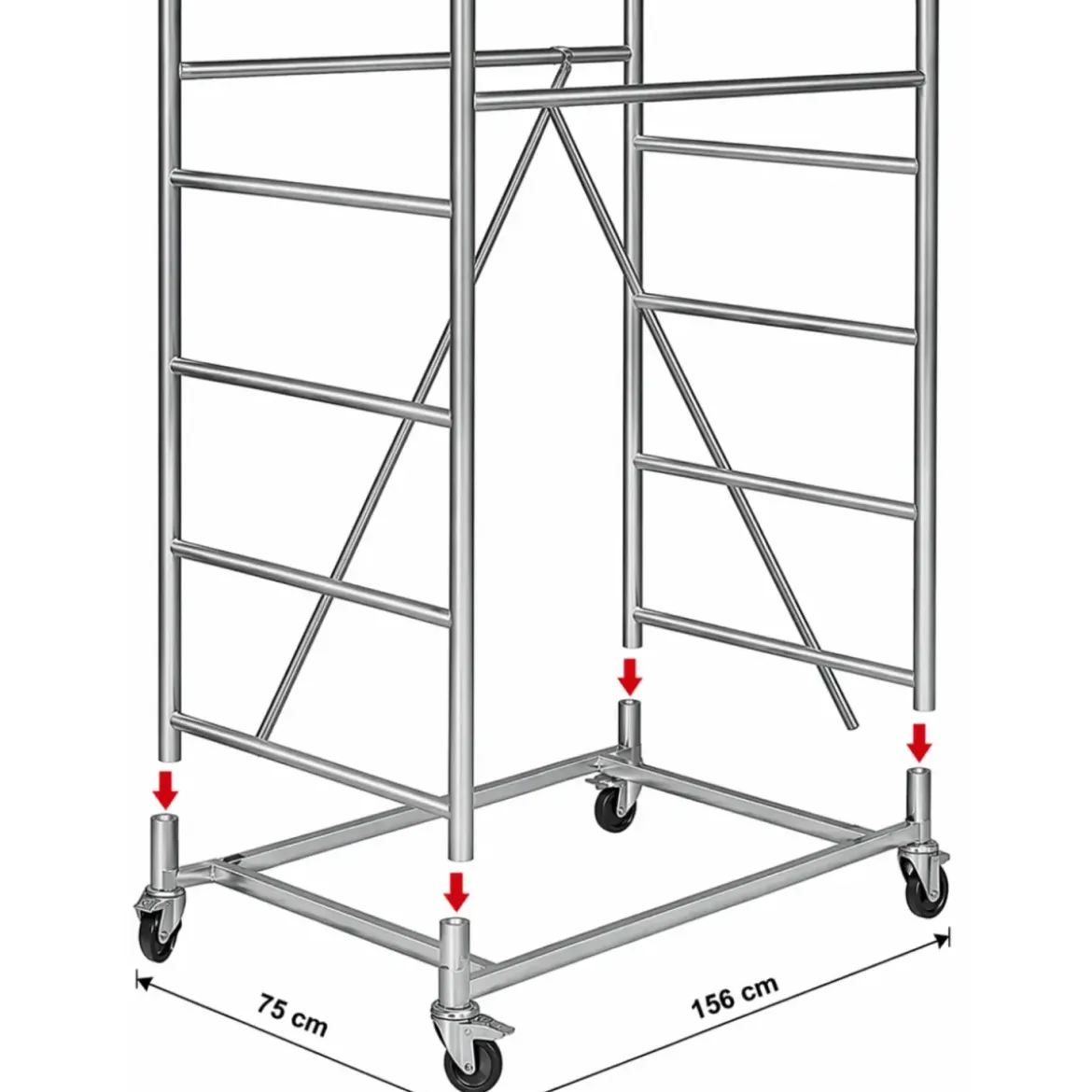 Trabattello Ponteggio Acciaio 160x80 cm Mezzopiano Ruote Lavoro 510 cm