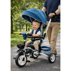 Triciclo per Bambini Blu Pieghevole Sedile Girevole Cappottina 1+