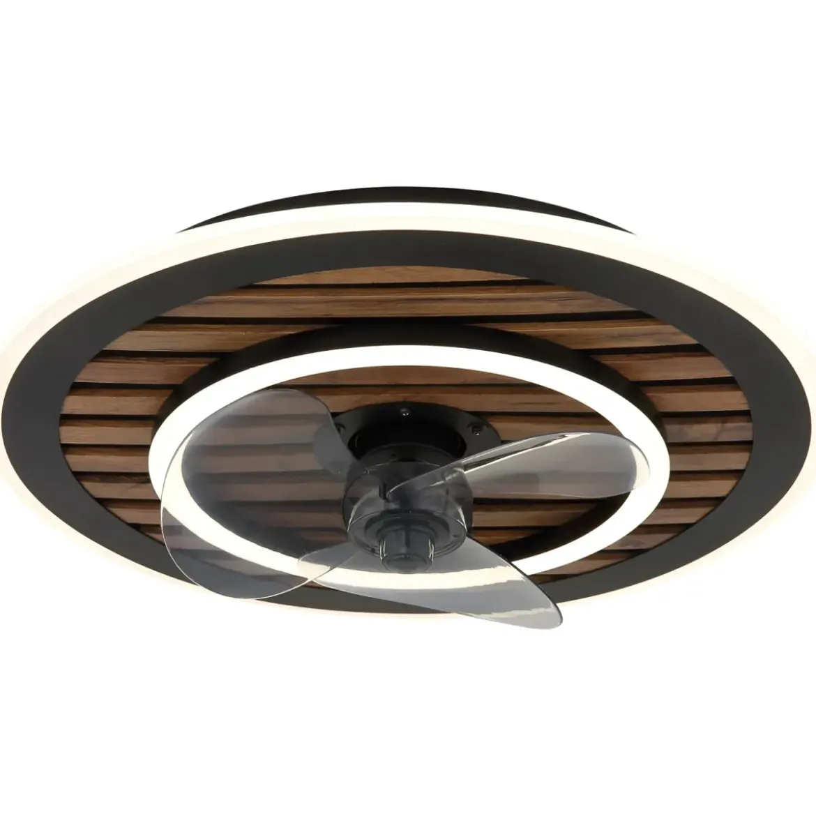 Ventilatore da Soffitto Luce LED 36W Moderno Anello Nero Effetto Legno