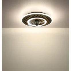 Ventilatore da Soffitto Luce LED 36W Moderno Anello Nero Effetto Legno