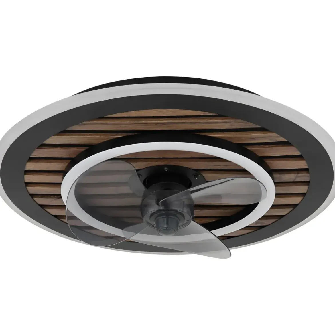 Ventilatore da Soffitto Luce LED 36W Moderno Anello Nero Effetto Legno